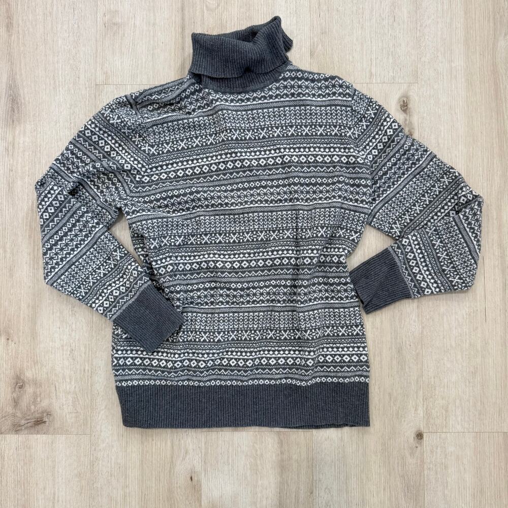 L.L.Bean Fair Isle Turtleneck Sweater Cotton Cashmere Gray Nordic Winter Large